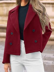 SHEIN Frenchy Women's Stand Collar Double Breasted Blazer Jacket In Fall/Winter Christmas Red New Year Burgundy - Burgundy - View 1