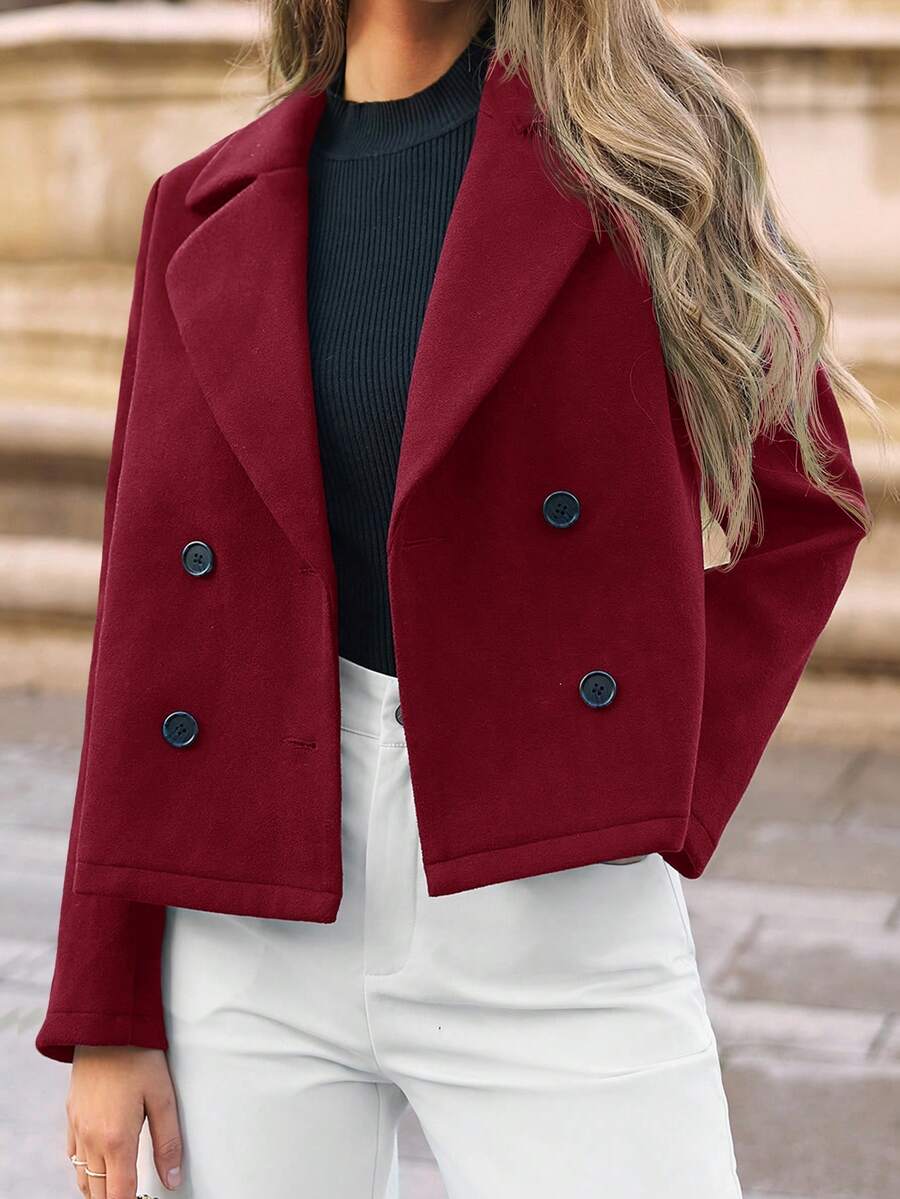 SHEIN Frenchy Women's Stand Collar Double Breasted Blazer Jacket In Fall/Winter Christmas Red New Year Burgundy - Burgundy - View 1