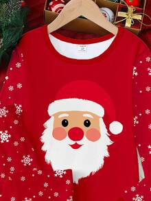 少女圣诞主题红色睡衣，圣诞老人印花搭配雪狐图案，夜光针织弹力长袖上衣和裤子两件套睡衣套装 - 紅色 - 查看 6