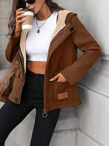 EMERY ROSE Women's Solid Color Thermal-Lined Hoodie With Pockets, Regular Fit Casual Everyday Jacket, Autumn/Winter - Brown - View 4