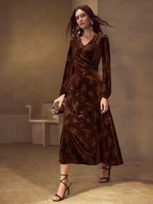 MOTF PREMIUM WOMEN'S VELVET JACQUARD DRESS - Brown - View 6