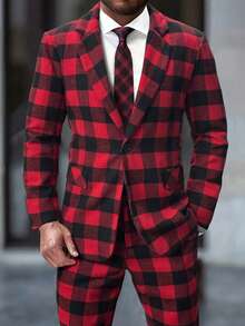 Manfinity Mode Men's Plaid Suit 2 Piece Set,Red And Black Lapel Long Sleeve Jacket And Pants,Summer Elegant Outfit For Dinner,Evening Party,Birthday,Christmas Gift - Burgundy - View 1