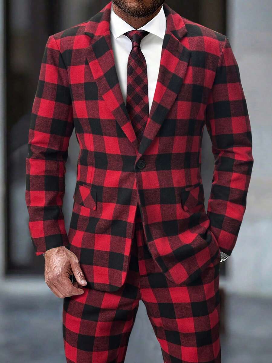Manfinity Mode Men's Plaid Suit 2 Piece Set,Red And Black Lapel Long Sleeve Jacket And Pants,Summer Elegant Outfit For Dinner,Evening Party,Birthday,Christmas Gift - Burgundy - View 1