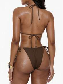 Swim Basics 夏季沙灘聚集款領口胸圍和系帶側面比基尼下身設置，褶邊修飾泳裝套裝 - 咖啡棕 - 查看 2