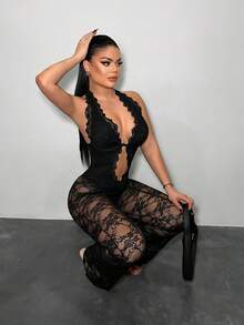 SHEIN SXY 黑色性感蕾丝透视连体衣 - 黑色 - 查看 3