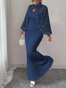 Elenzga New Elegant Mature Charm Evening Gown, Dignified & Gentle, Dreamy Pink, Hand-Beaded Long Sleeve Top, Graceful Mermaid Hem Bodycon Slip Dress Set - Royal Blue - View 7