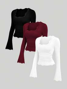 Sweetra 女士复古法式修身喇叭袖蕾丝领休闲T恤套装，秋季 - 彩色 - 查看 1