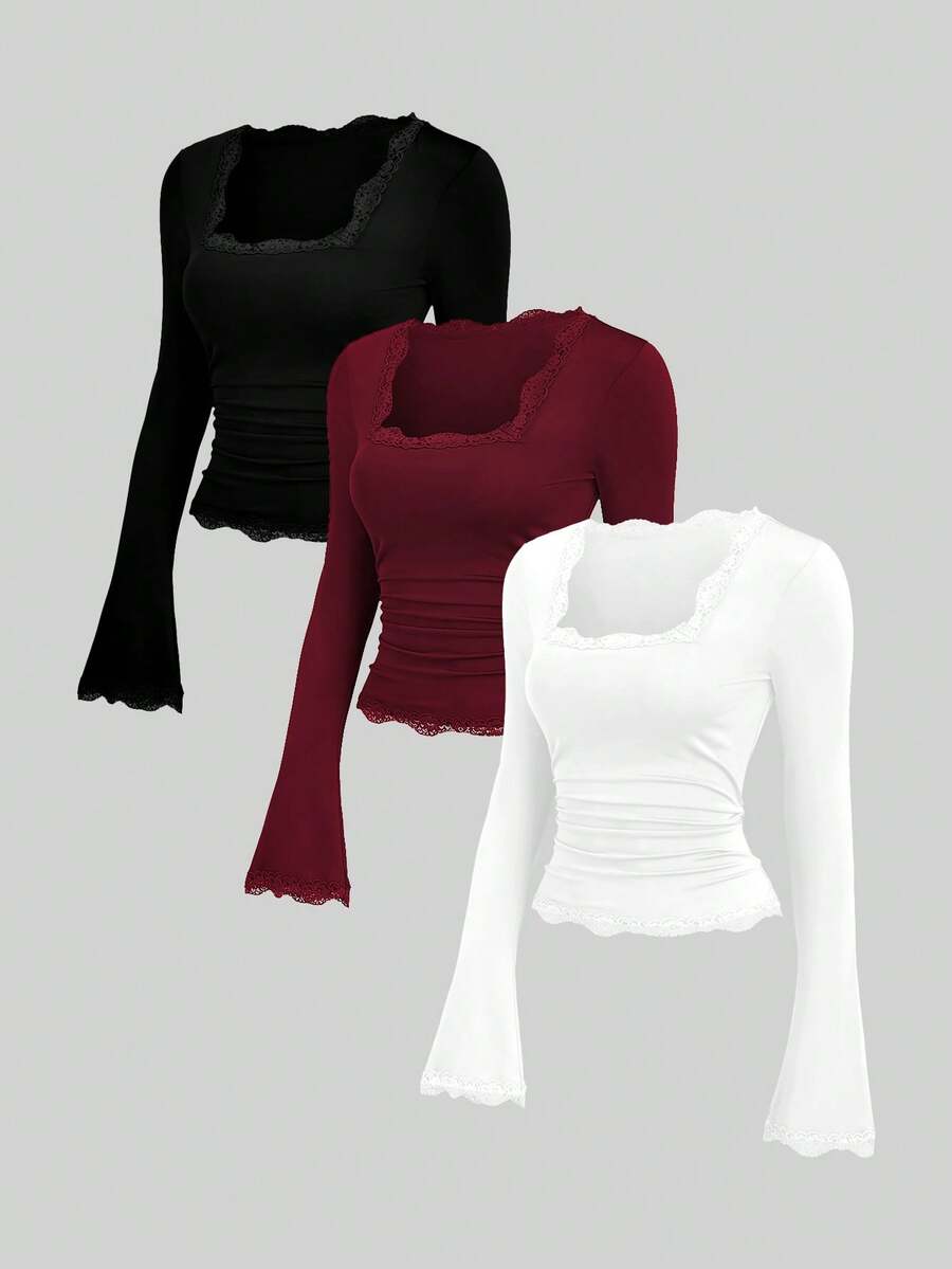 Sweetra 女士复古法式修身喇叭袖蕾丝领休闲T恤套装，秋季 - 彩色 - 查看 1