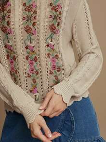 WESTFADE Floral Embroidered Cable Knit Crew Neck Long Sleeve Relaxed Knit Sweater - Apricot - View 6