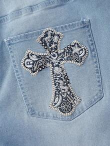 ROMWE Grunge Punk Quần jeans ống loe thêu chữ thập giặt thường cỡ lớn - Màu xanh nhạt - Xem 2