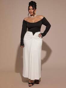 SHEIN BAE Vestido de manga larga con bloque de color y decoración de perlas para tallas grandes - Blanco y Negro - Ver 3
