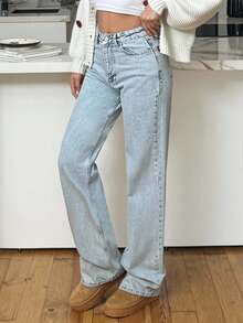 EURMUSE Women's Jeans 100%Cotton HIGH RISE STRAIGHT CUT LIGHT BLUE WOMEN JEAN Cowgirl Outfit 2000s Style - Light Wash - View 6