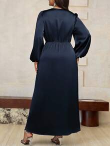 Rometta Women's Plus Size Solid Satin Elegant Luxurious Party Dress With Ruffle V-Neck, Wrap Waist, High Slit Hem, Puff Sleeves For Birthday, Events Maxi Women Outfit