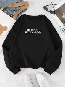 INAWLY 女士卫衣，刺绣“人权拥护者”卫衣，简约刺绣圆领衫，平等社会正义T恤，行动主义礼物T恤，圣诞礼物，送给女友和闺蜜的礼物，情侣礼物，适合居家穿着，长袖抓绒保暖秋冬针织衫，2025新款女士卫衣 - 黑色 - 查看 2