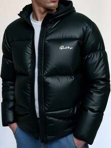 SHEIN Teenager Boys' Casual Letter Slogan Print Hooded Zip-Up Jacket Outerwear Bomber Jacket Puffer Padded Coat, Versatile All-Match Jacket Suitable For Commuting, School, Casual, Travel, Outdoor, Party, Fall Autumn And Winter Clothes - Black - View 2