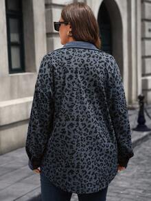 EMERY ROSE Plus Size Women Leopard Print Patchwork Shirt Style Jacket, Autumn/Winter - Blue - View 9
