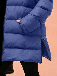 EURMUSE Plus Size Zip Up Drawstring Hooded Padded Coat - Navy Blue - View 4