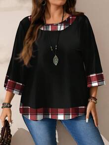 EMERY ROSE Plus Size Women Casual All-Over Print Round Neck Loose 3/4 Sleeve Shirt, Autumn/Winter Christmas Fall - Multicolor - View 5