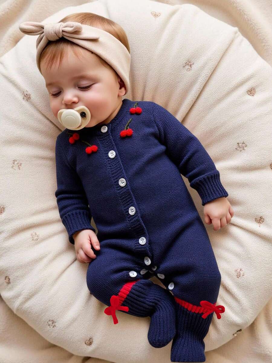 SHEIN Baby Girl Blue Knitted Sweater Jumpsuit With Embroidered And Bow Decorations And Patterns. For Spring, Autumn And Winter.
