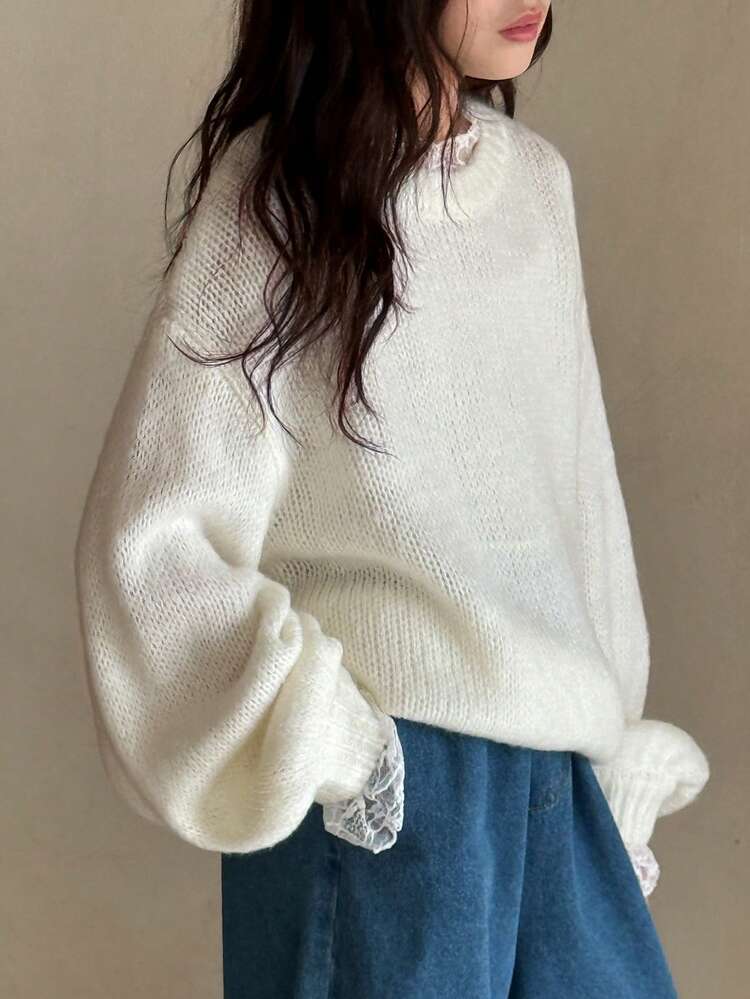 Tween Girls Crew Neck Lace Patchwork Sweater, Fall