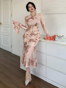 DAZY Women's Elegant Sequin Embellished Long Dress, Autumn Floral Dresses For Women - Pink - View 9