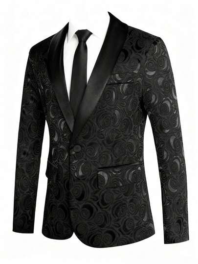 Manfinity Mode Men's Elegant Gentleman Jacquard Shawl Collar Single-Breasted Suit Jacket Wedding Jacket For Men Black Prom Blazer Men Men Gothic Suit