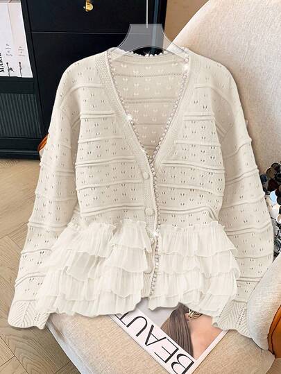 GlowEve CURVE Pearl V-Neck + Organza Patchwork, Khaki Knitted Cardigan Gorgeous