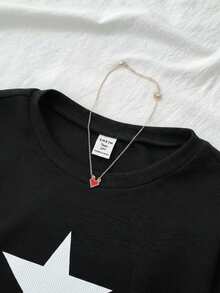 SHEIN 少女纯色星星图案褶皱吊带背心，适合冬季休闲穿着 - 黑色 - 查看 4