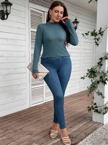 SHEIN LUNE Plus Solid Mock Neck Going Out Tops Tee - Dusty Blue - View 6