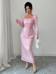 Elenzga Elegancka sukienka damska z kwadratowym dekoltem i cekinami, dopasowana w talii, z długim rękawem, z błyszczącego materiału, idealna na imprezę, jesień/zima - Różowy - Zobacz 3