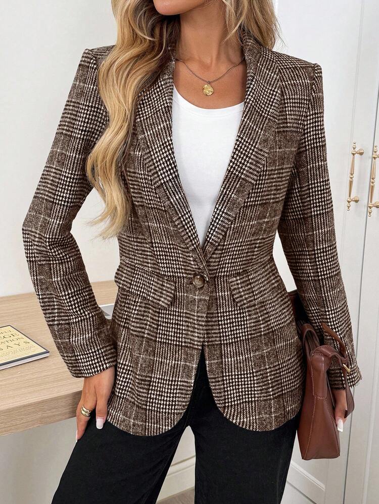 Easowa Áo blazer nữ tay dài cổ ve áo kẻ caro, kiểu dáng thường ngày, màu nâu, thích hợp cho nữ công sở. - màu nâu - Xem 3
