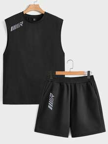 Manfinity Homme Men Summer Letter Graphic Tank Top & Shorts For Sports - Black - View 2