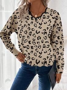 EMERY ROSE Pull col V imprimé léopard décontracté pour femmes, convient pour l'automne/l'hiver - Multicolore - Voir 4
