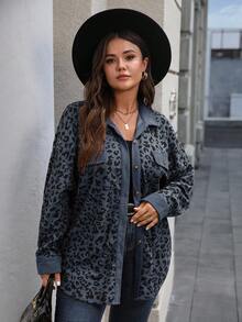 EMERY ROSE Plus Size Women Leopard Print Patchwork Shirt Style Jacket, Autumn/Winter - Blue - View 5