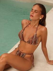 Swim Chiccia 女士泳衣两件套，性感优雅浪漫针织亮片挂脖系带泳装，女士度假装，女士精致优雅沙滩泳装套装 - 棕色 - 查看 4