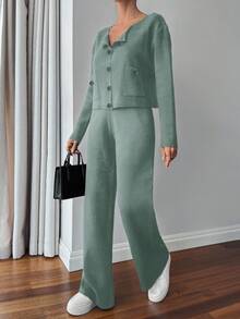 EURMUSE Damen Einfarbiger Langarm Einzelknopf Gestrickter Cardigan und Gestrickte Hose Lässiger 2 Stücke Set, Herbst/Winter - Minzgrün - Übersicht 6