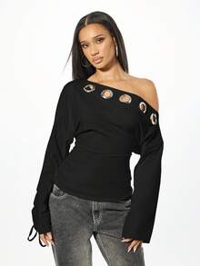 SUMWON WOMEN Off Shoulder Long Sleeve Top With Metal Eyelet Details And Drawstring Hem - Black - View 4