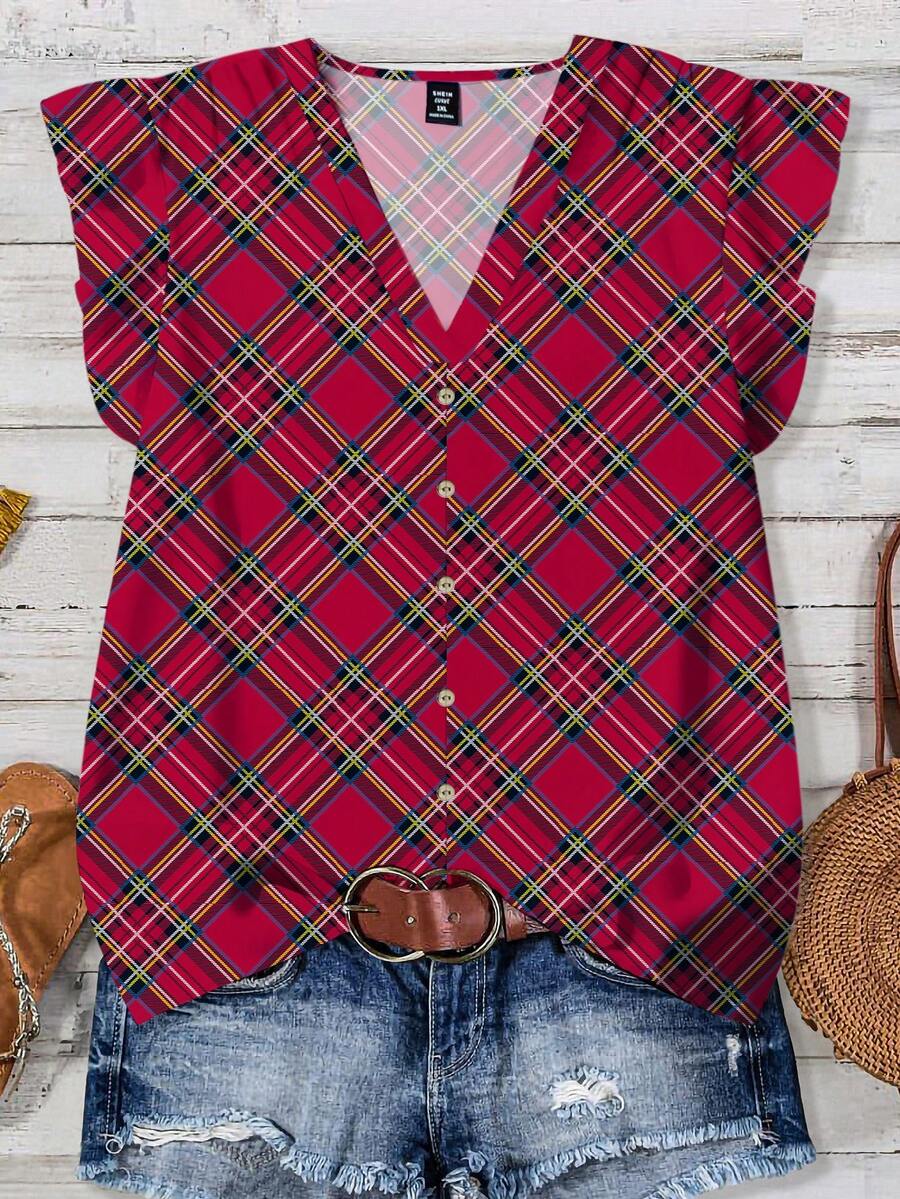 EMERY ROSE 圣诞格子印花V领复古休闲宽松衬衫，适合大码女装，秋冬季节、新年、夏季上衣等场合穿着。 - 彩色 - 查看 1