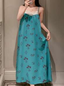 DAZY 女士花卉印花拼接饰边吊带睡裙 - 藍色 - 查看 4