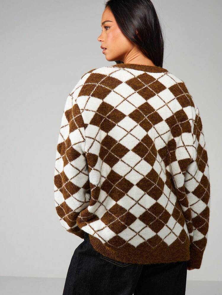 MISSGUIDED Cardigan surdimensionné en tricot moelleux à motif losangé argyle avec boutons, vêtement d'extérieur douillet pour l'automne et l'hiver