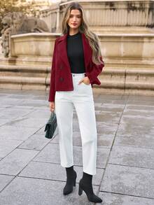 SHEIN Frenchy Women's Stand Collar Double Breasted Blazer Jacket In Fall/Winter Christmas Red New Year Burgundy - Burgundy - View 5