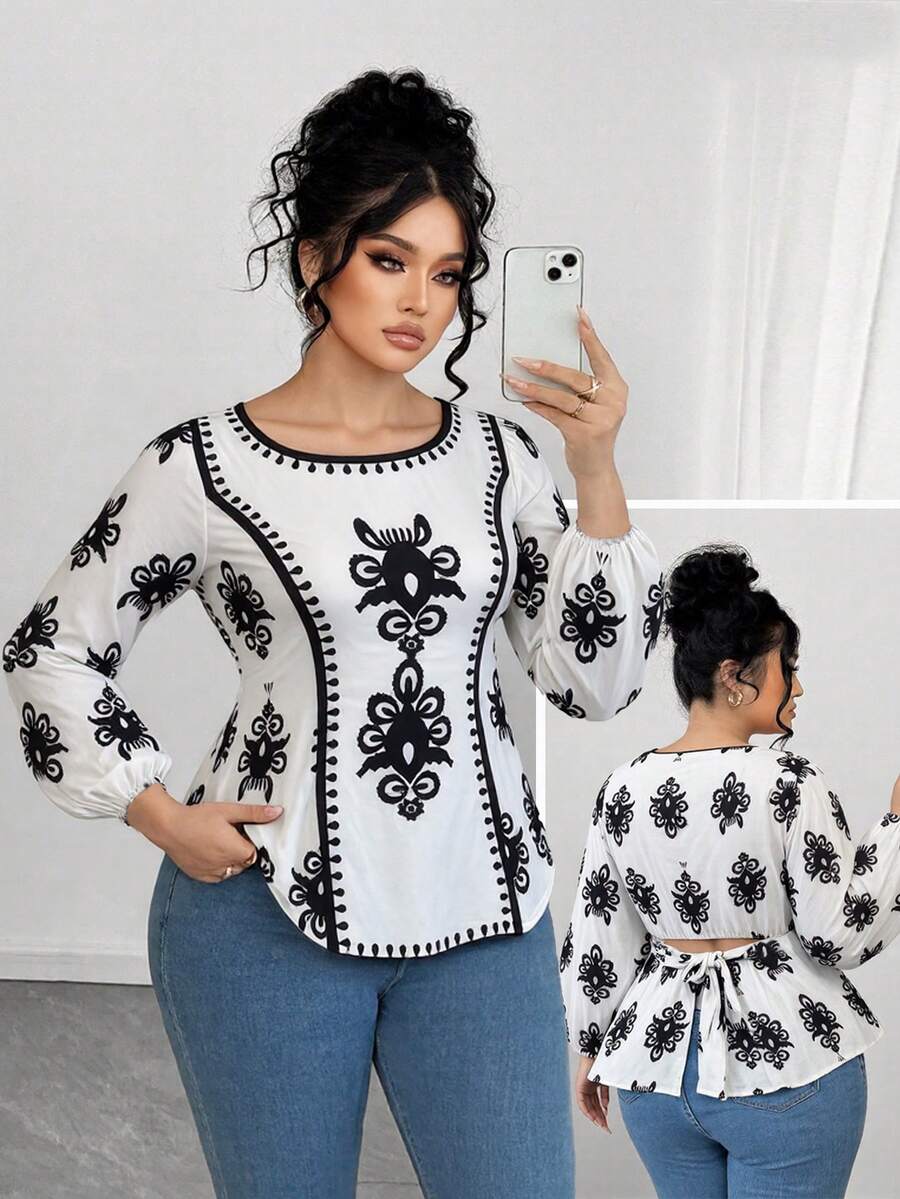 SHEIN Elenzya Áo cánh dài tay ôm sát cổ tròn in họa tiết cho nữ, áo khoác ngoài thường ngày - Nhiều màu - Xem 1