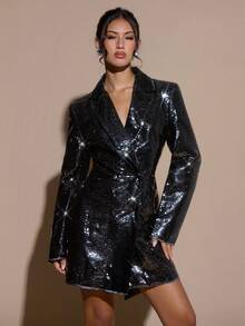 SHEIN BAE 女式翻领长袖束腰优雅时尚西装外套 - 黑色 - 查看 5