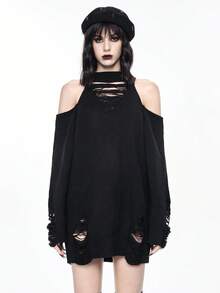 ROMWE Gothic Dark Style Open Shoulder Halter Neck Ripped Midi Dress, Edgy Distressed Design - Black - View 5