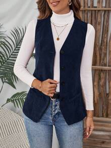 EMERY ROSE Chaleco/chaqueta informal de pana de unicolor para tallas grandes - Azul Marino - View 6