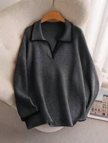CosyJoli Plus Size Casual Color Block Trim V-Neck Pullover Sweater/Winter - Grey - View 3