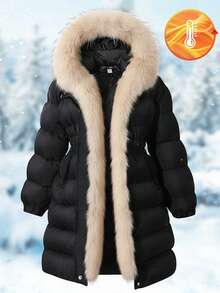 SHEIN 1 件女童毛绒长款连帽派克大衣，优雅冬季日常穿着 - 黑色 - 查看 7