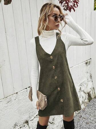 SHEIN Tall New Elegant Sleeveless Slimming Women's Dress, Green Women's Dress With Button Design, Casual And Versatile Dress, Vest Dress, Autumn And Winter Women's Dress.