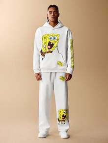 SpongeBob SquarePants | SHEIN Men's Casual Everyday Commute Funny Cute Cartoon Pattern Kangaroo Pocket Thermal Lined Hoodie And Sweatpants Set, Autumn/Winter - White - View 3