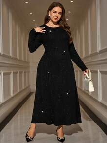 EMERY ROSE 女式加大码长袖条纹长款连衣裙，带口袋 - 黑色 - 查看 6